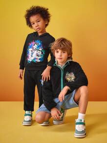 ANIMANIACS X SHEIN Young Boy Cartoon Printed Hooded Sweatshirt And Sports Pants Set - Black - View 3