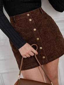 SHEIN Frenchy Plus Size Corduroy Button-front Skirt - Coffee Brown - View 2