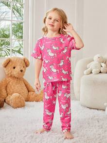 Conjunto De Pijama De Homewear Para Niñas Con Estampado De Unicornio - Rosa Fucsia - Ver 6