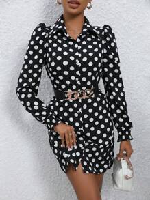 SHEIN Frenchy 波點印花泡泡袖連衣裙 - 黑與白 - 查看 3