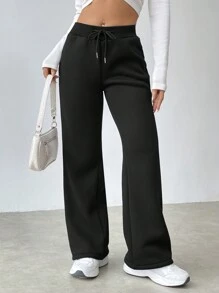 SHEIN Unity 純色束腰低腰運動長褲 - 黑色 - 查看 3