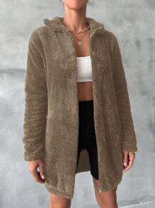 RueChic Solid Zipper Front Teddy Jacket - Brown - View 4