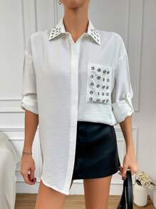 RueChic Women's Grommet Detail Roll-Up Sleeve Shirt