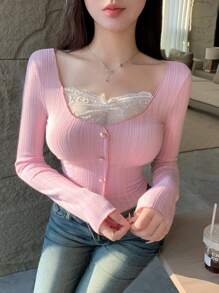 DAZY Của phụ nữ Tay áo dài Ren Nối Áo thun - Hồng - Xem 5