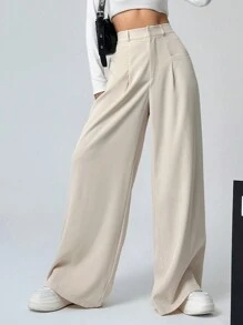 SHEIN EZwear Women's Solid Color Pleated Wide Leg Pants