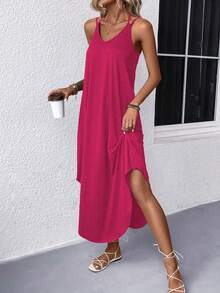 EARO Elegant European & American Style Casual Sleeveless Maxi Dress, Simple Solid Color Knit Tie-Waist Fitted Slim Dress, Comfortable For Daily Wear, Spring/Autumn - Hot Pink - View 3