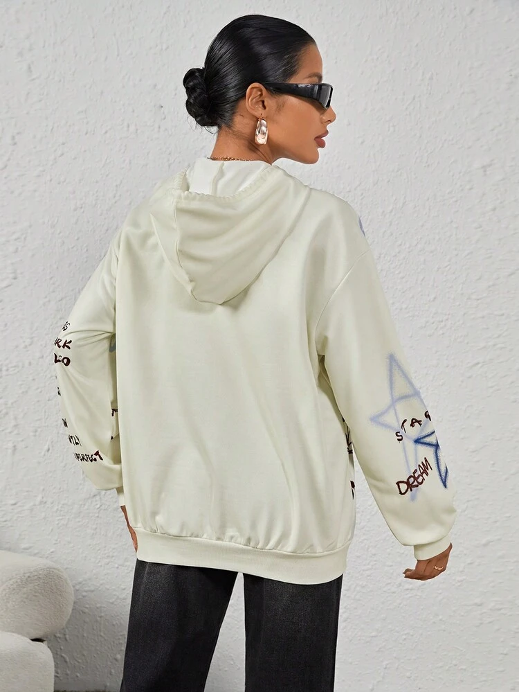 Women'S Hooded Sweatshirt With Letter And Five-Pointed Star Print