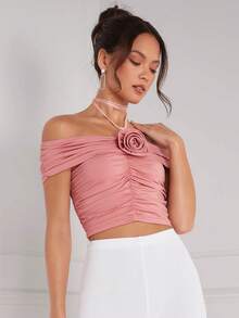 Enchnt Của phụ nữ Xù 3D Hoa Off Shoulder Dây Áo sơ mi - Đỏ - Xem 4