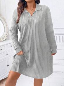 SHEIN LUNE Kích thước lớn Của phụ nữ Khóa kéo nửa mở Sọc Đầm - Xám - Xem 4