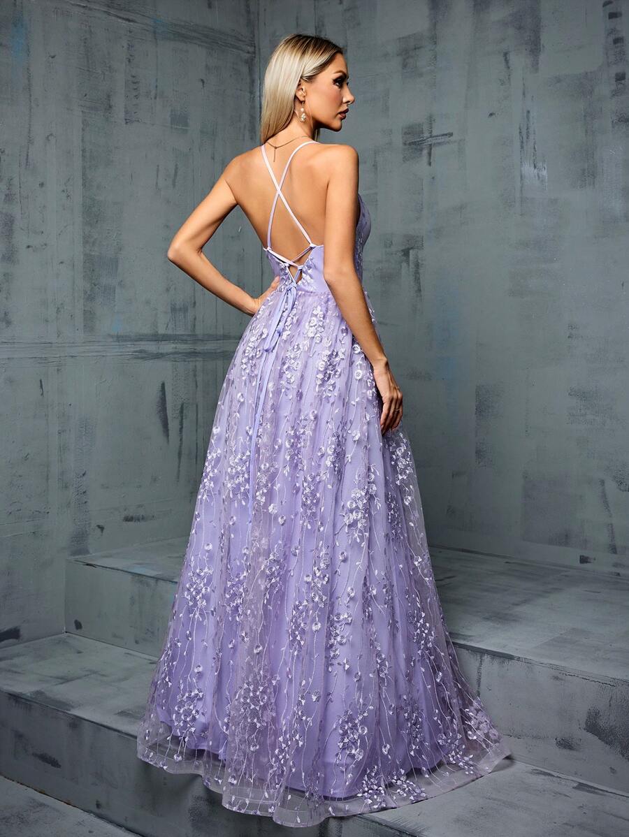 Spaghetti Strap V-Neck Embroidered Lace Sexy Backless Maxi Bridesmaid Dress Party Dress Wedding Guest Dress Formal Dress Evening Dress,Gown - Màu tím - Xem 1