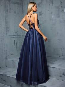 女式性感露背花卉刺绣网眼拼布伴娘长裙 - 藏蓝色 - 查看 2