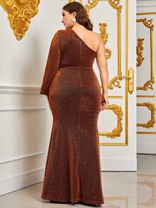 Plus Sloping Neck Cocktail Dress With - Brown - View 2