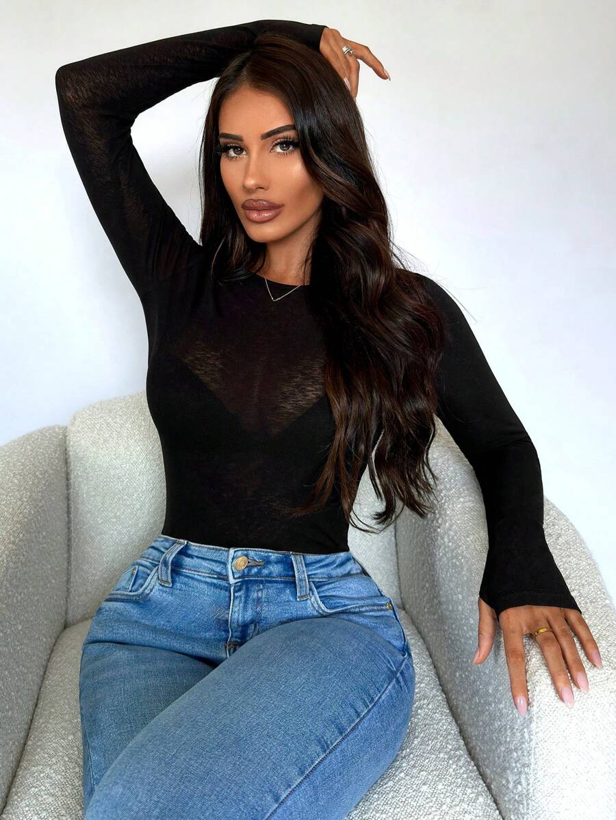 SHEIN SXY Women's See-Through Tight Long Sleeve Black Top - Black - View 1