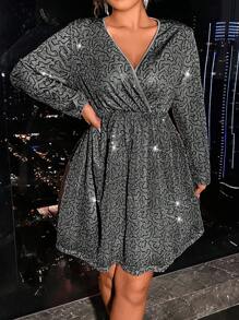 SHEIN Allurite Women Plus Size Full Print Beaded Dress - Grey - View 1
