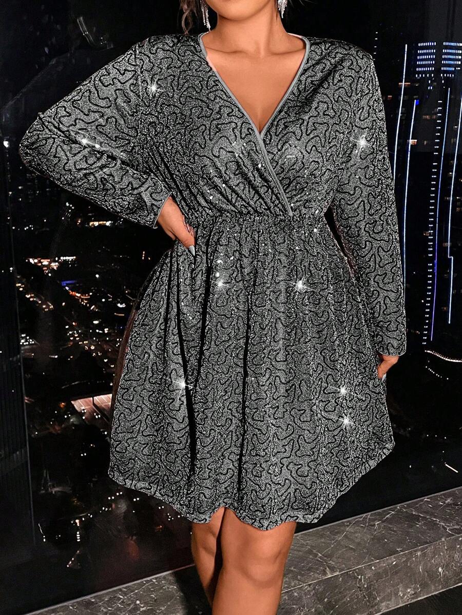 SHEIN Allurite Women Plus Size Full Print Beaded Dress - Grey - View 1