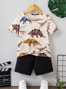 SHEIN 2pcs Young BoyDinosaur Print Short Sleeve Shirt And Shorts Set, Summer Outfit For Getaway, Holiday, Travel, Relax, Sunbathing - Multicolor - View 1