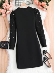 Thiếu niên cô gái Ngọc trai đính cườm Chân Của Tay áo Đầm - màu đen - Xem 2