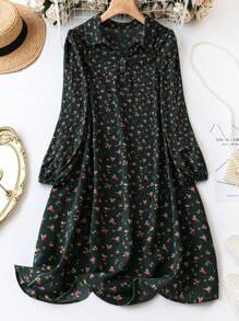 SHEIN LUNE Plus Size Ditsy Floral Print Long Sleeve Dress - Dark Green - View 1