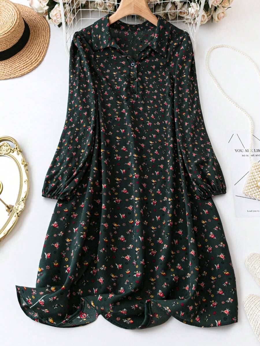 SHEIN LUNE Plus Size Ditsy Floral Print Long Sleeve Dress - Dark Green - View 1