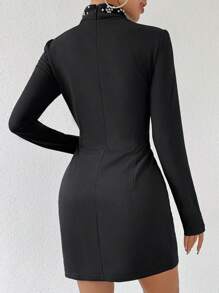 Chiquease Damen Perle Verziertes Kleid Mit Durchbrochenem Kragen - Schwarz - Übersicht 2