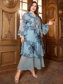 Al Najma Women'S Plus Size Lace Patchwork Notched Neckline High-Low Hem Dress
