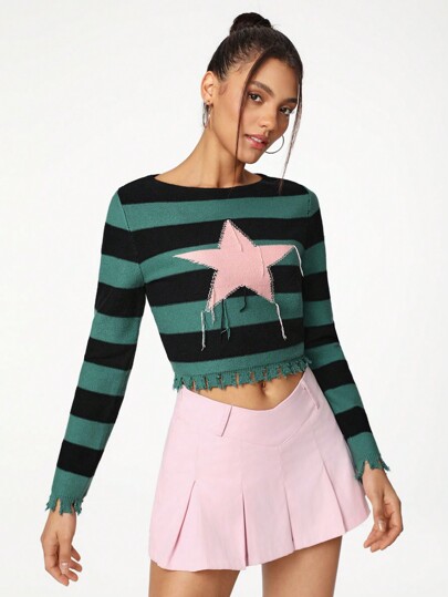 Threesuture Suéter de mujer artista con bloques de color, patrón de rayas y estrellas, con acabado desgastado para otoño, invierno, días festivos, vacaciones y festivales