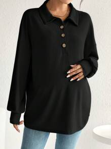 SHEIN Thai sản Tay áo lồng đèn Cổ Polo Dài Áo thun - màu đen - Xem 3