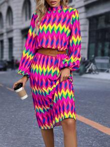 SHEIN Clasi Geometric Printed Lantern Sleeve Dress Without Belt - Multicolor - View 5