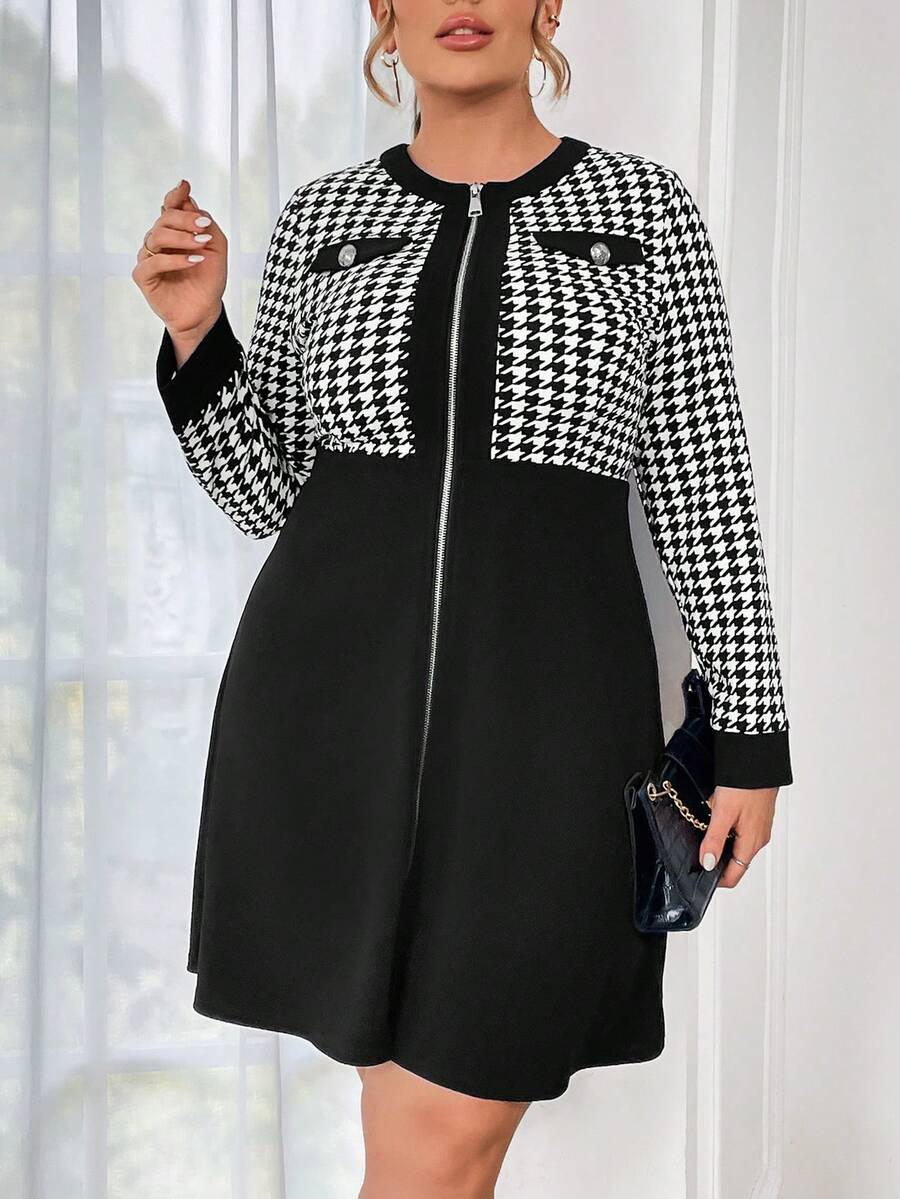 SHEIN Privé 女士加大码优雅千鸟格印花拉链长袖连衣裙，收腰设计，适合春季穿着 - 黑與白 - 查看 1