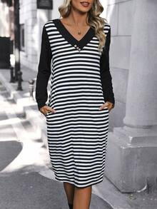 SHEIN LUNE Sọc Khối màu Cổ chữ V Đầm - Đen và trắng - Xem 5