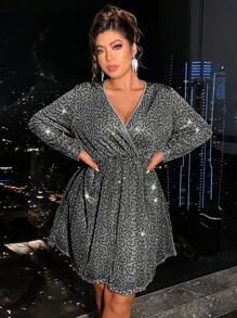 SHEIN Allurite Women Plus Size Full Print Beaded Dress - Grey - View 3