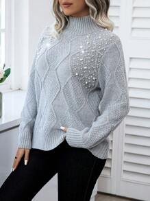 Calvaya Plus Size Faux Pearl Studded Sweater With Long Sleeves Knit Pullover Fall Winter Autumn - Grey - View 4
