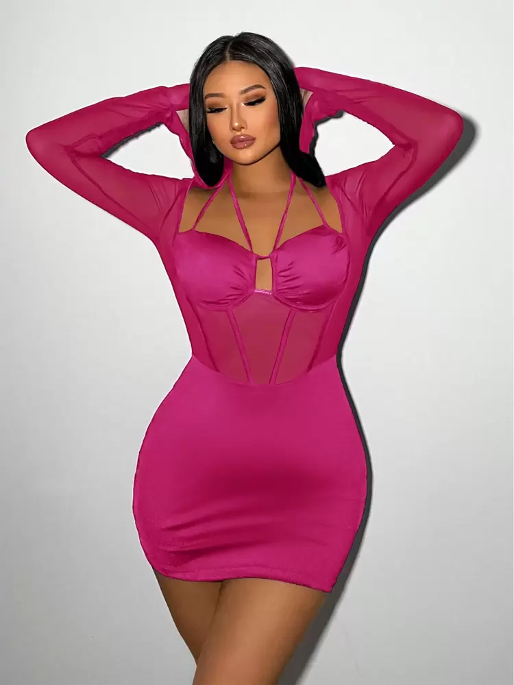 Mesh Contrast Hollow Out Slim Fit Bodycon Dress