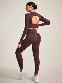 Easithlete Bộ đồ thể thao liền mạch màu trơn co giãn cao có thiết kế khoét lưng rỗng dành cho nữ Bộ đồ tập gym dành cho nữ - màu nâu - Xem 3