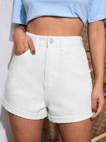SHEIN EZwear Shorts mezclilla unicolor con cremallera - Blanco - Ver 1