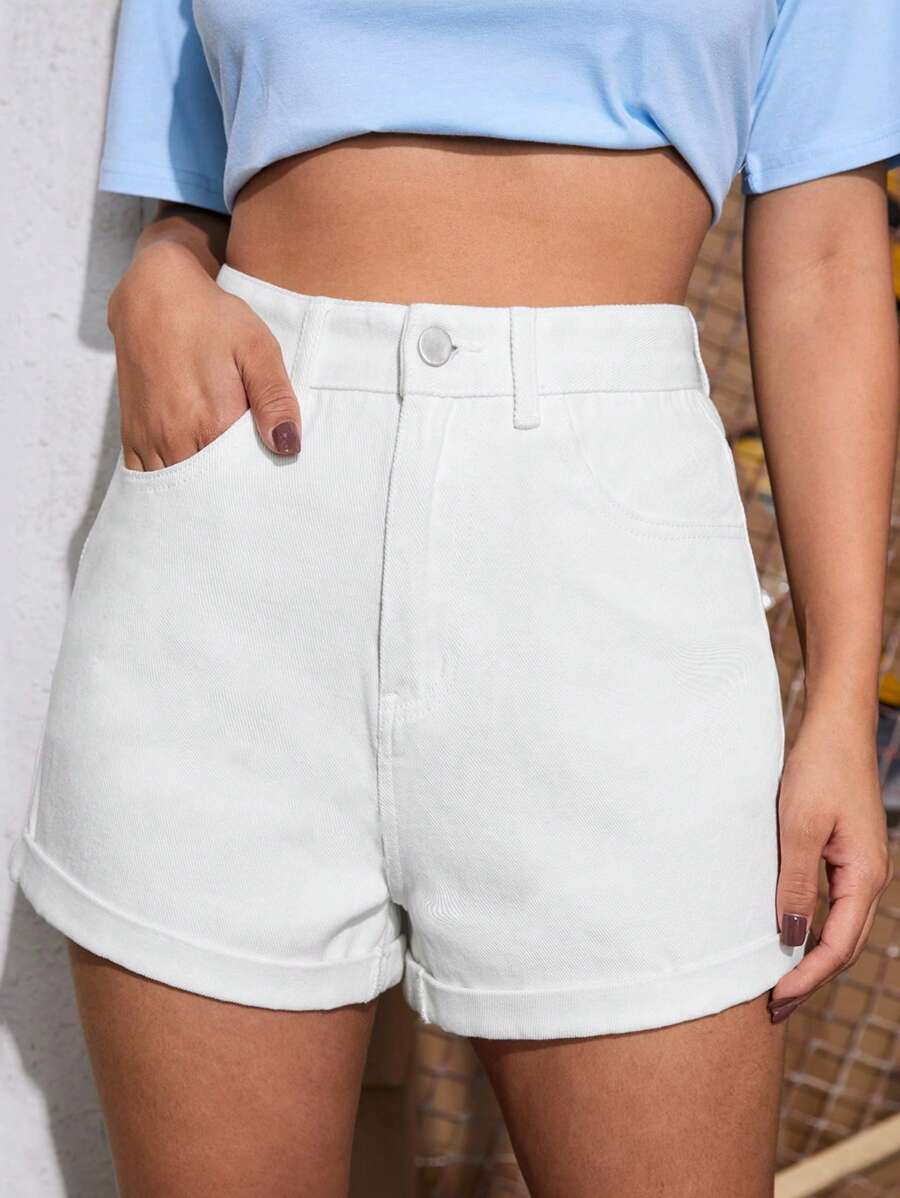 SHEIN EZwear Shorts mezclilla unicolor con cremallera - Blanco - Ver 1