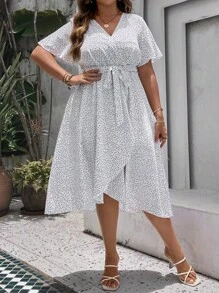 Breezaya 大码女式波尔卡圆点系带连衣裙 长款女式服装 - 白色 - 查看 5