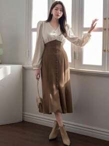 DAZY Color Block & Lantern Sleeve Elegant Dress,Fall Clothes - Brown - View 5
