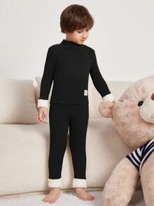 SHEIN Young Boy Fitted Casual Plush Patchwork T-Shirt And Pants 2pcs/Set Snug Fit Homewear - Black - View 4