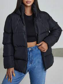 EURMUSE Women's Solid Color Long Sleeve Zipper Front Casual Hooded Winter Jacket - Black - View 1