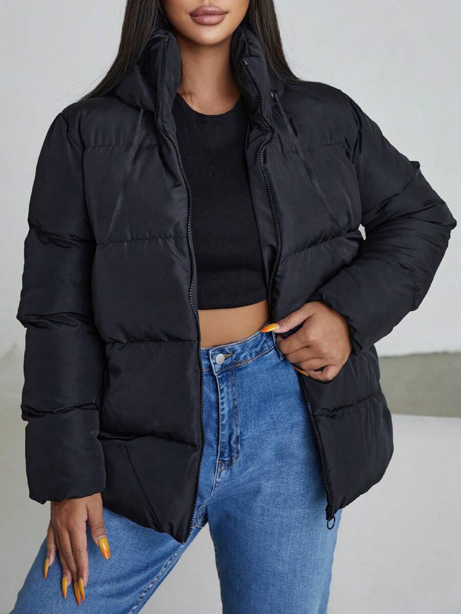 EURMUSE Women's Solid Color Long Sleeve Zipper Front Casual Hooded Winter Jacket - Black - View 1