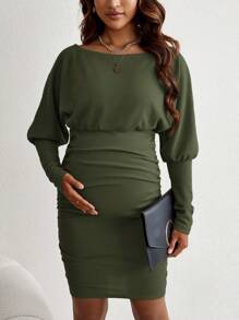 SHEIN 孕婦貼身翼袖連身裙 - 軍綠色 - 查看 1