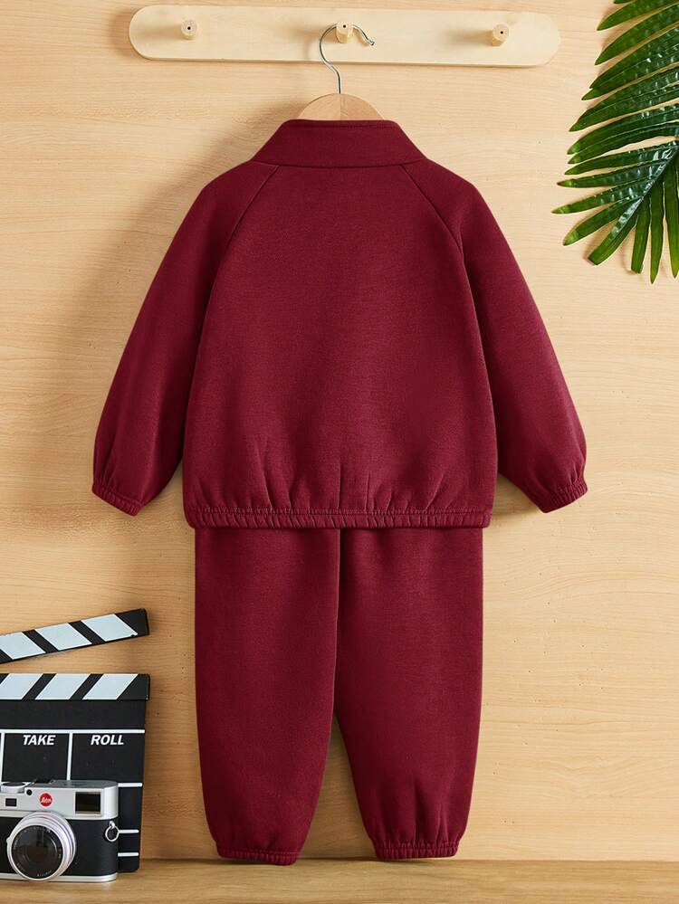 2pcs Unisex Baby Deer Print Stand Collar Raglan Sleeve Jacket & Elastic Waist Pants Outfit, Thickened