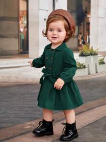SHEIN Baby Girls' Vintage Elegant Lapel Double Breasted Belted Long Sleeve Loose Hem Dress