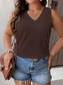 Plus Size Solid Color Cami Top With Curved Hemline - Coffee Brown - View 3