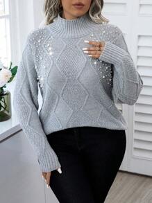 Calvaya Plus Size Faux Pearl Studded Sweater With Long Sleeves Knit Pullover Fall Winter Autumn - Grey - View 5