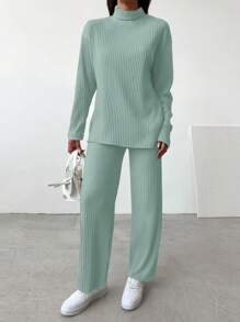 EURMUSE Mock Neck Drop Shoulder Tee & Pants - Green - View 3