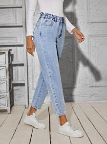 彈性腰部錐形牛仔褲 - 藍色 - 查看 5