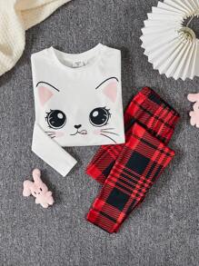 SHEIN Cô gái Tween Dệt kim Con thỏ Mô hình Phù hợp Áo Và Kiểm tra Phù hợp Quần Vừa Khít Bộ mặc nhà , 2 Miếng - Đỏ - Xem 4
