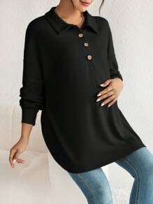 SHEIN Thai sản Tay áo lồng đèn Cổ Polo Dài Áo thun - màu đen - Xem 4